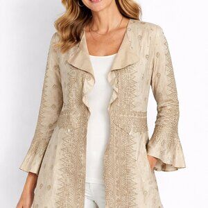 Vocal Jacket Size Small Open Front Ruffle Tan Flared Sleeve Suede Lace Up Back